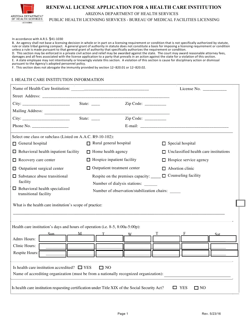 Arizona Renewal License Application for a Health Care ...