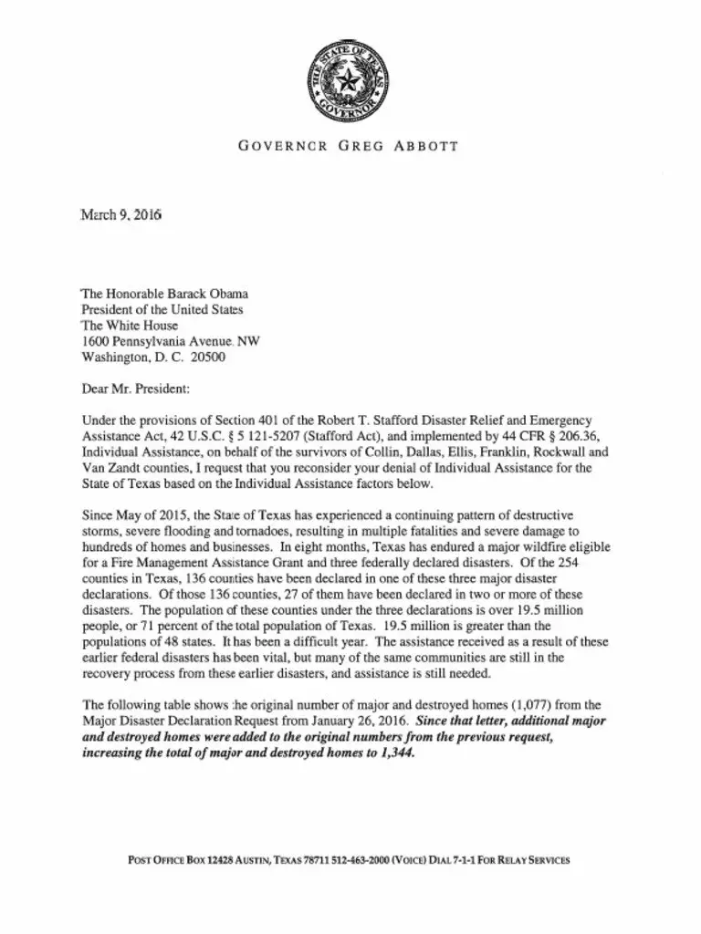 Gov Abbott Appeal Letter to Obama Re Assistance for Texans