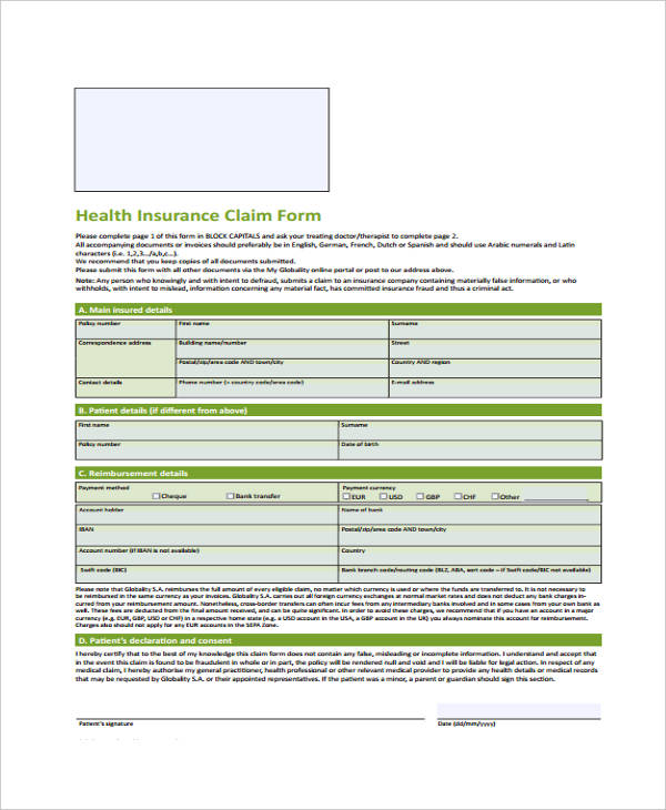 Health insurance claim form example