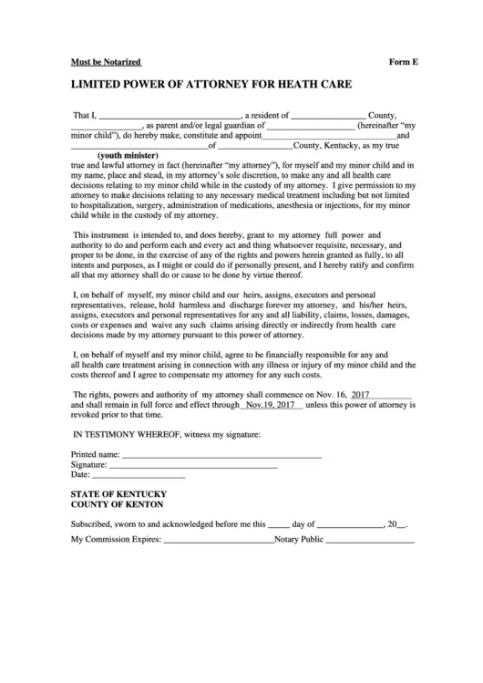 Limited Power Of Attorney For Health Care Form