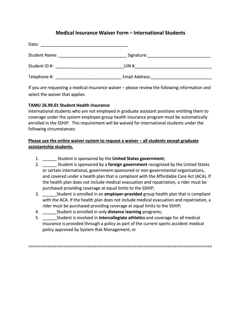 Prairie View A& M University Medical Insurance Waiver Form ...